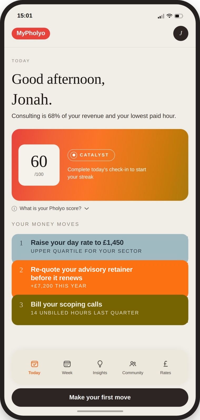 The MyPholyo Today screen for a consultant: a Pholyo score of 64, with three money moves listed beneath it