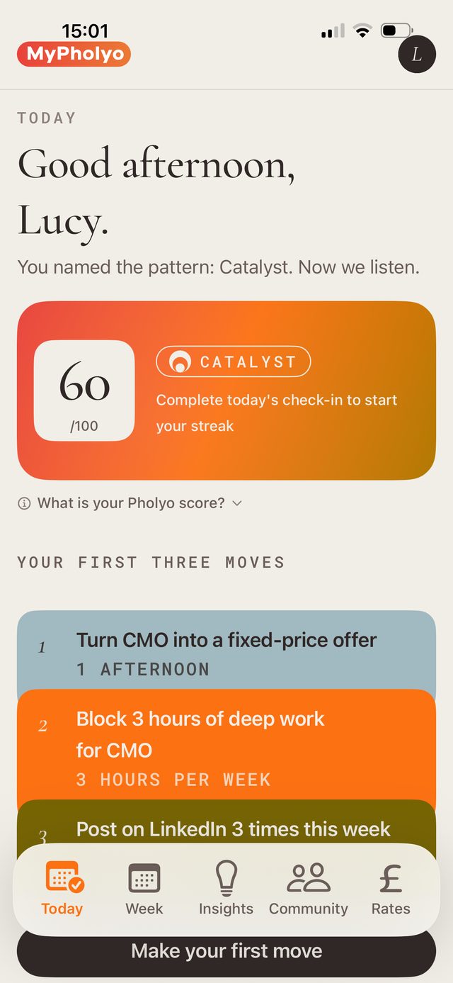 The MyPholyo Today screen: a Pholyo score of 60 out of 100 on a Catalyst card, with your first three moves listed below