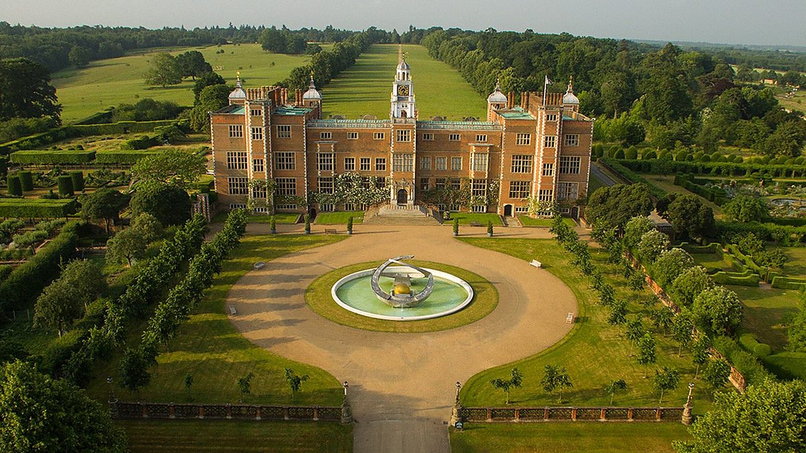 Hatfield House and its formal gardens from the air